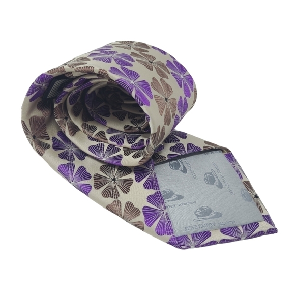 Steve Harvey | Men's Purple and Tan Floral Printed Silk Tie (One Size) - Picture 10 of 12